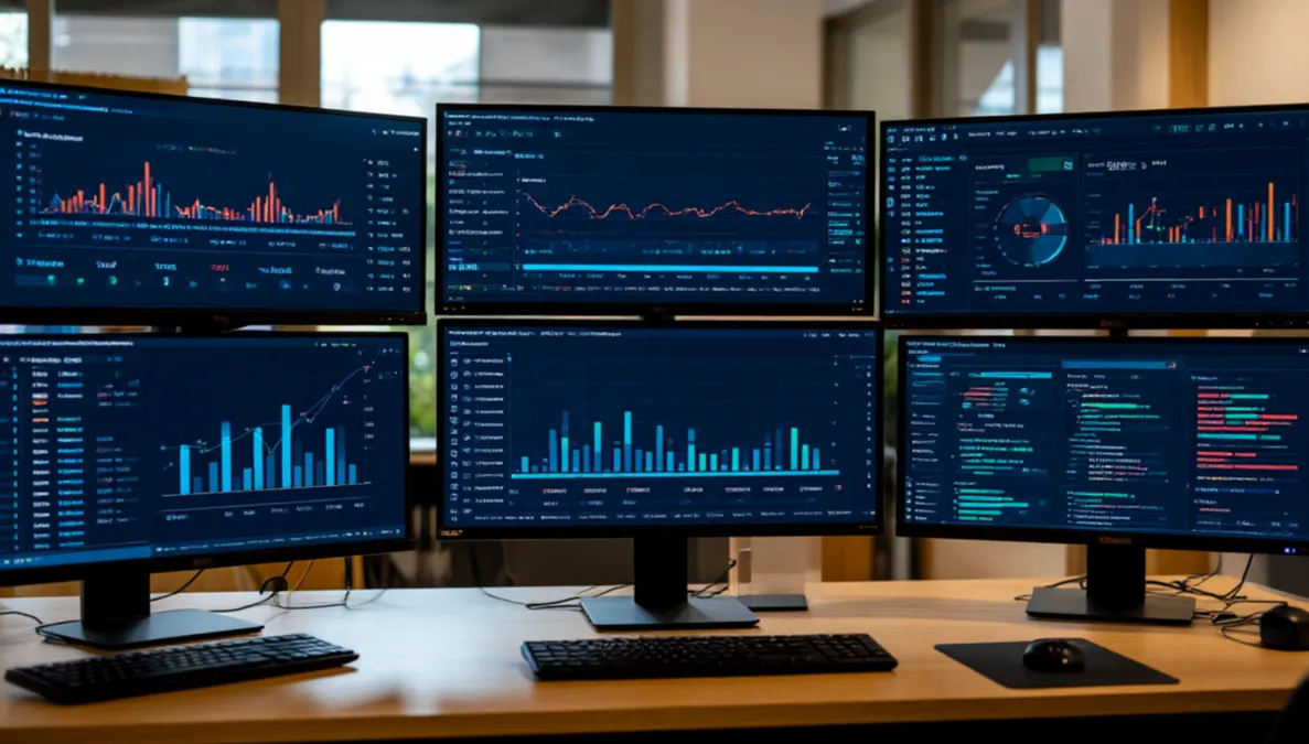 Visualización de datos y gráficos de análisis predictivo en pantallas