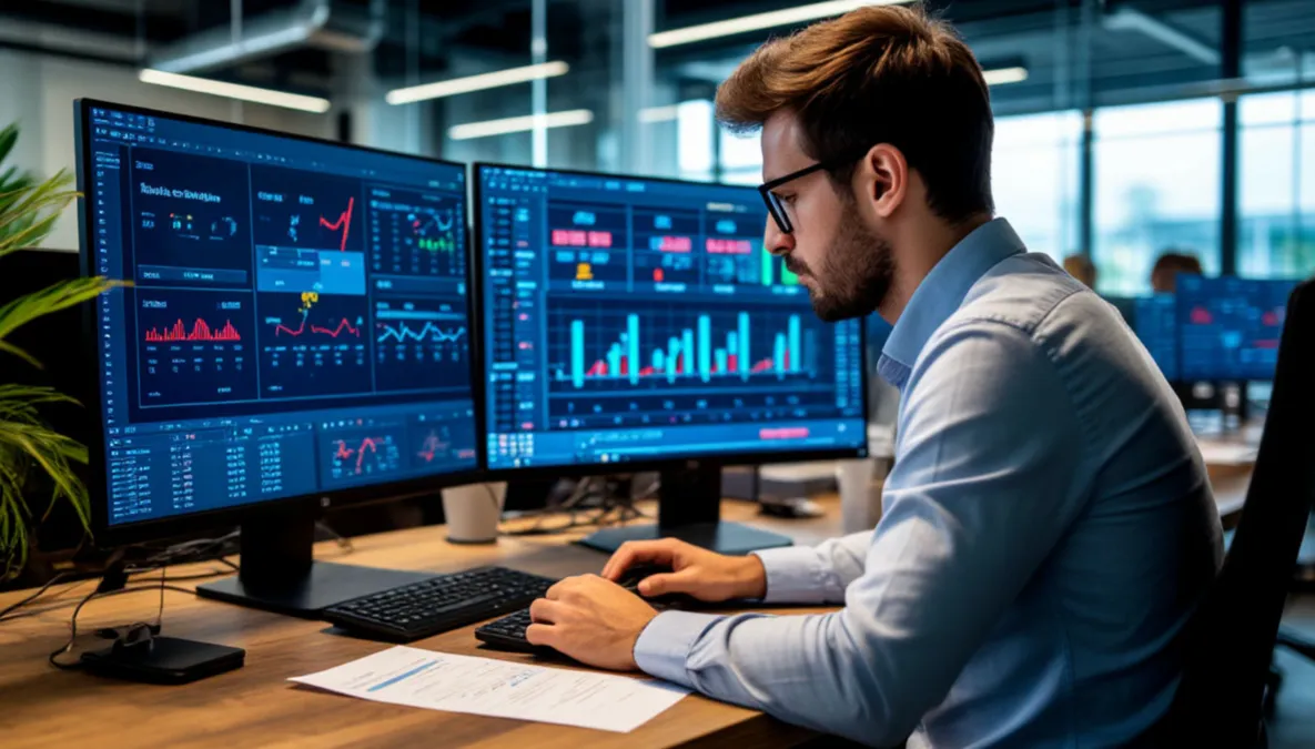 Analista deportivo revisando estadísticas de fútbol en múltiples pantallas