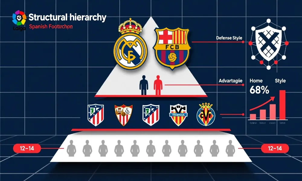 Anatomía de LaLiga - estructura piramidal de equipos con Real Madrid y Barcelona en la cima y características distintivas