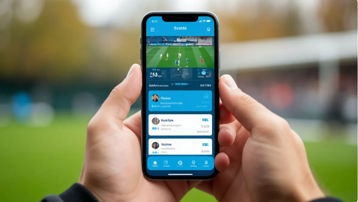 Smartphone mostrando una aplicaci&oacute;n de estad&iacute;sticas de f&uacute;tbol en tiempo real