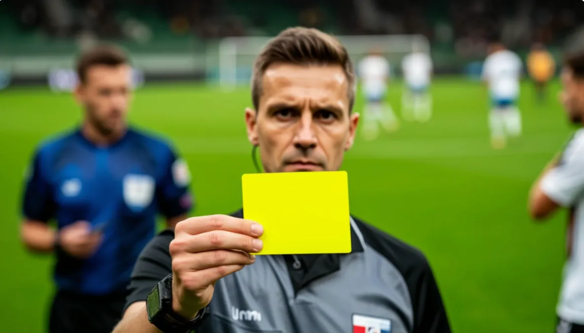 Árbitro de fútbol mostrando una tarjeta amarilla durante un partido