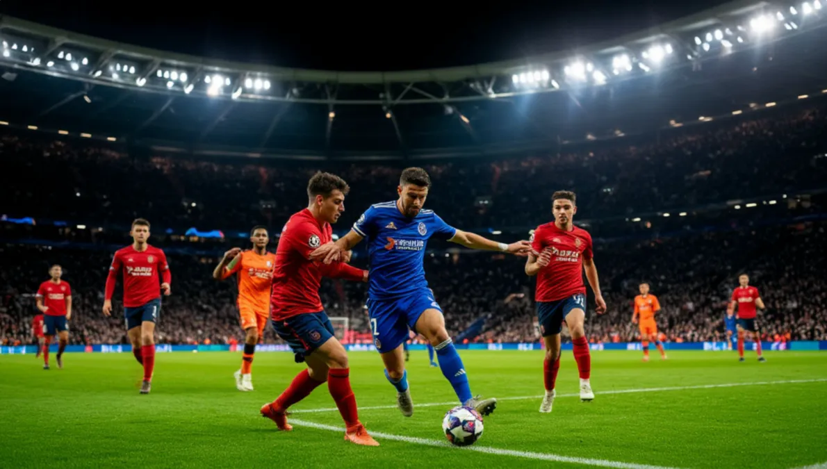 Partido de eliminatoria de Champions League con ambiente nocturno