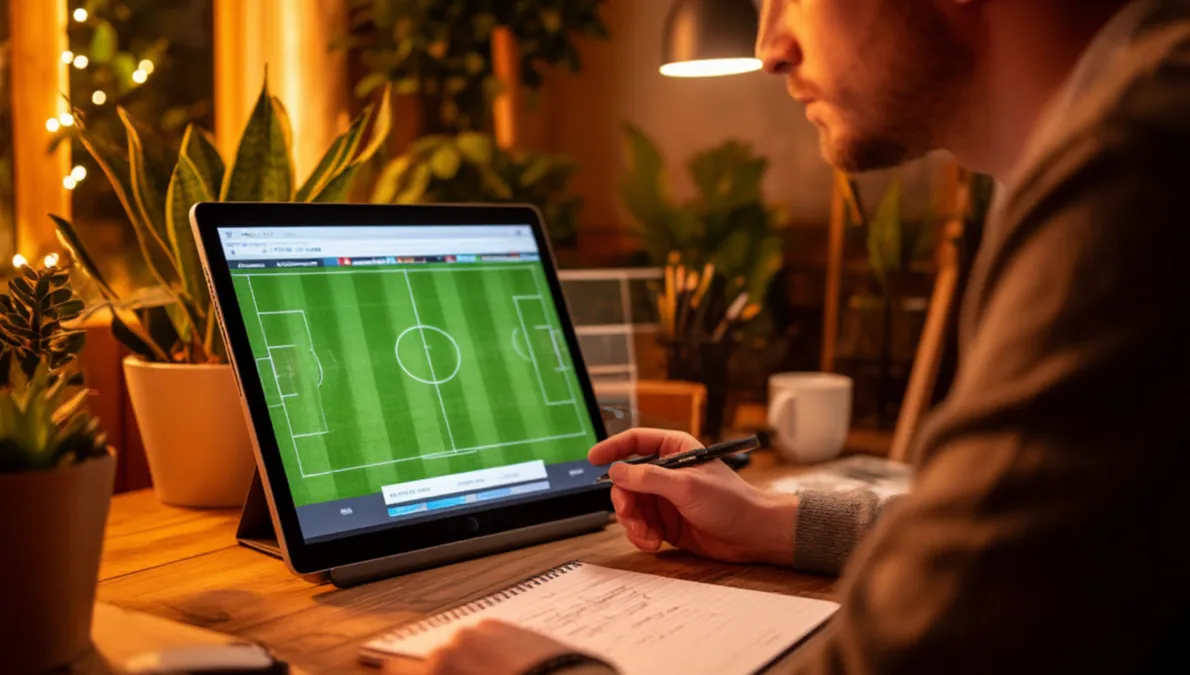 Persona analizando un partido de fútbol con notas y tablet sobre la mesa