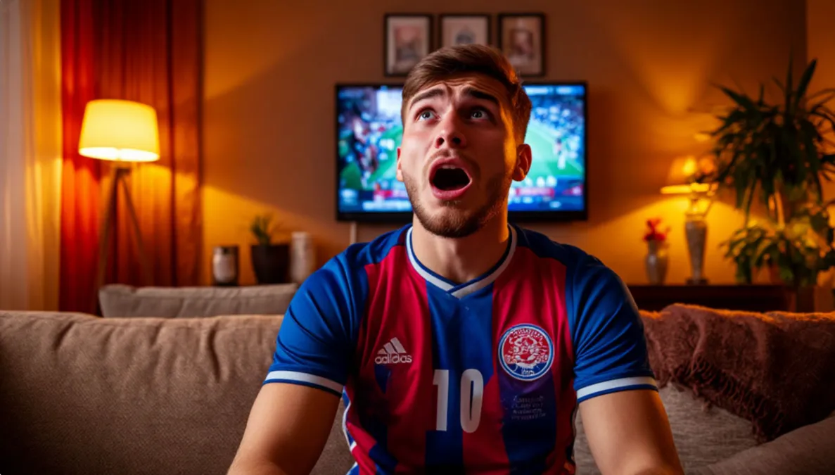 Aficionado viendo un partido de fútbol con la camiseta de su equipo