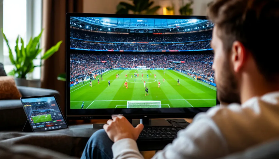 Persona viendo un partido de fútbol en directo mientras consulta estadísticas