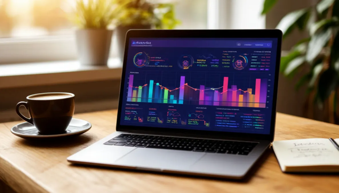 Portátil mostrando gráficos de análisis de fútbol sobre una mesa de trabajo