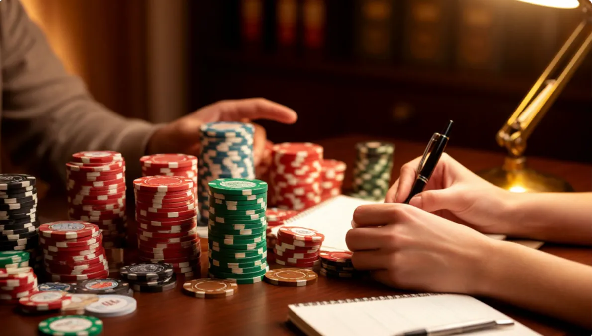 Persona organizando fichas y anotando en un cuaderno de control financiero