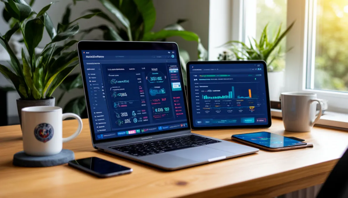 Escritorio con múltiples dispositivos mostrando datos de fútbol y estadísticas