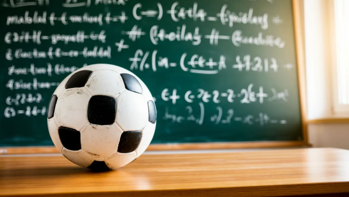 Pizarra con fórmulas matemáticas y un balón de fútbol sobre el escritorio