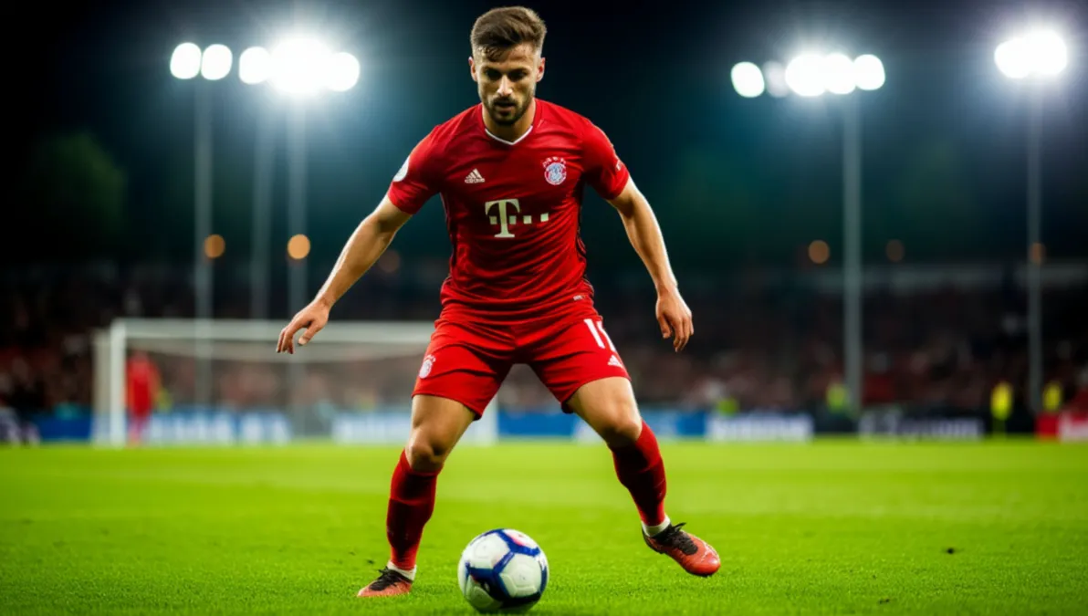Delantero de fútbol preparando un disparo a portería en un estadio iluminado