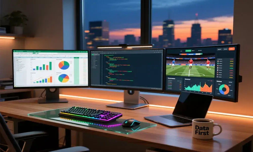 Setup profesional con múltiples monitores mostrando análisis