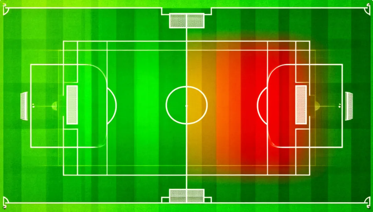 Mapa de calor de un campo de fútbol mostrando zonas de disparo y probabilidad de gol