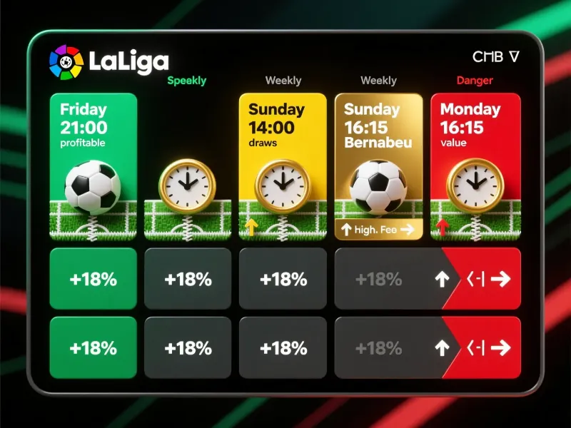 Patrones de horarios en LaLiga - viernes 21:00 rentable, domingo 16:15 Bernabéu valor alto, lunes peligroso